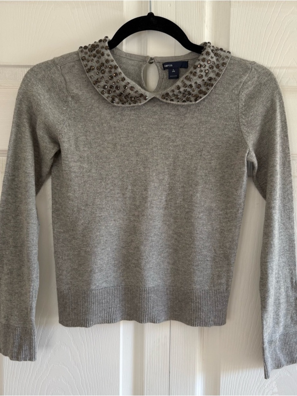 Gap Peter Pan Embellished Rhinestone Collar Heather Grey Cotton Sweeter 10 Soft